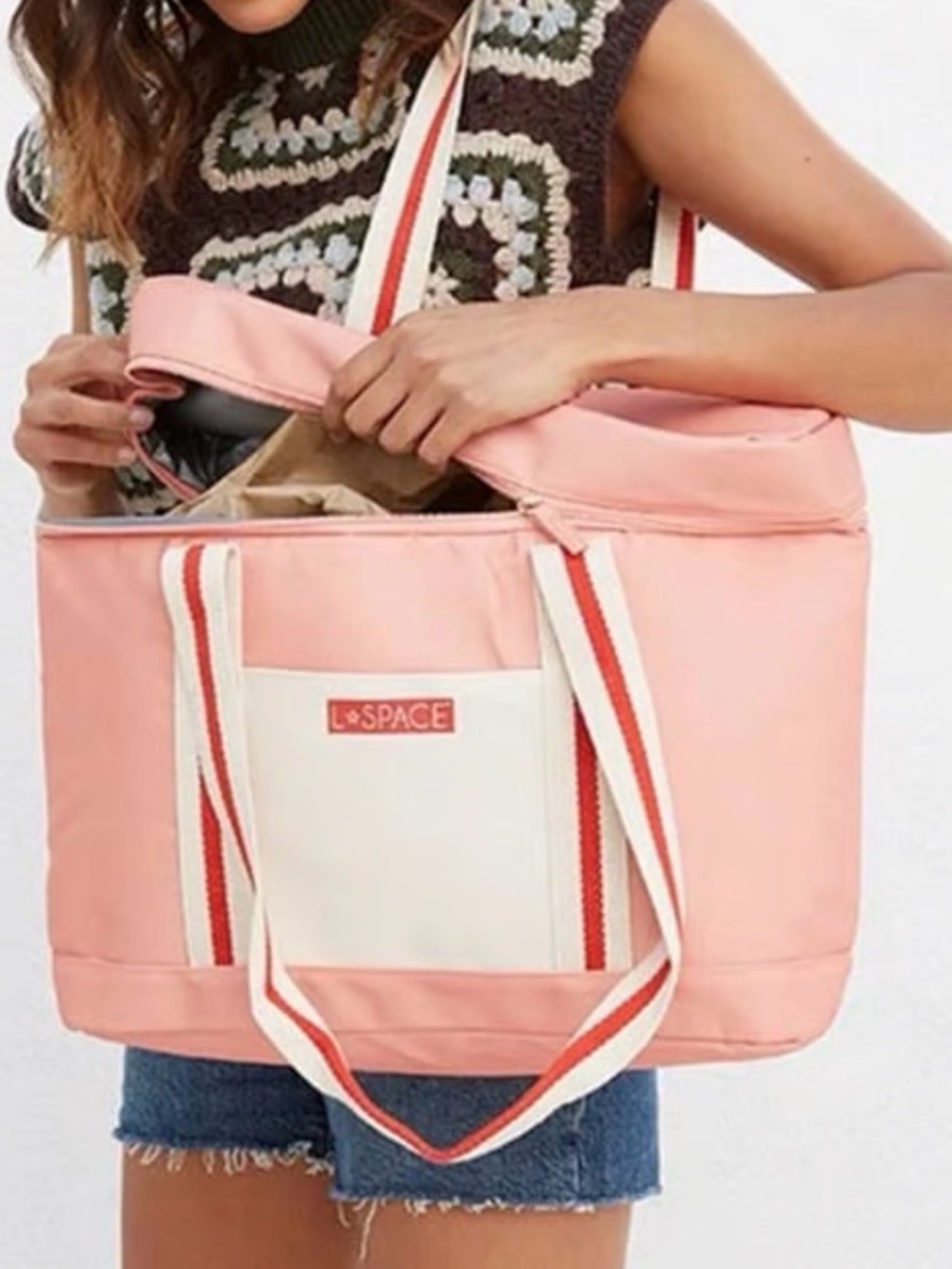 l*space Pink Canvas Tote with Striped Handles and Front Pocket